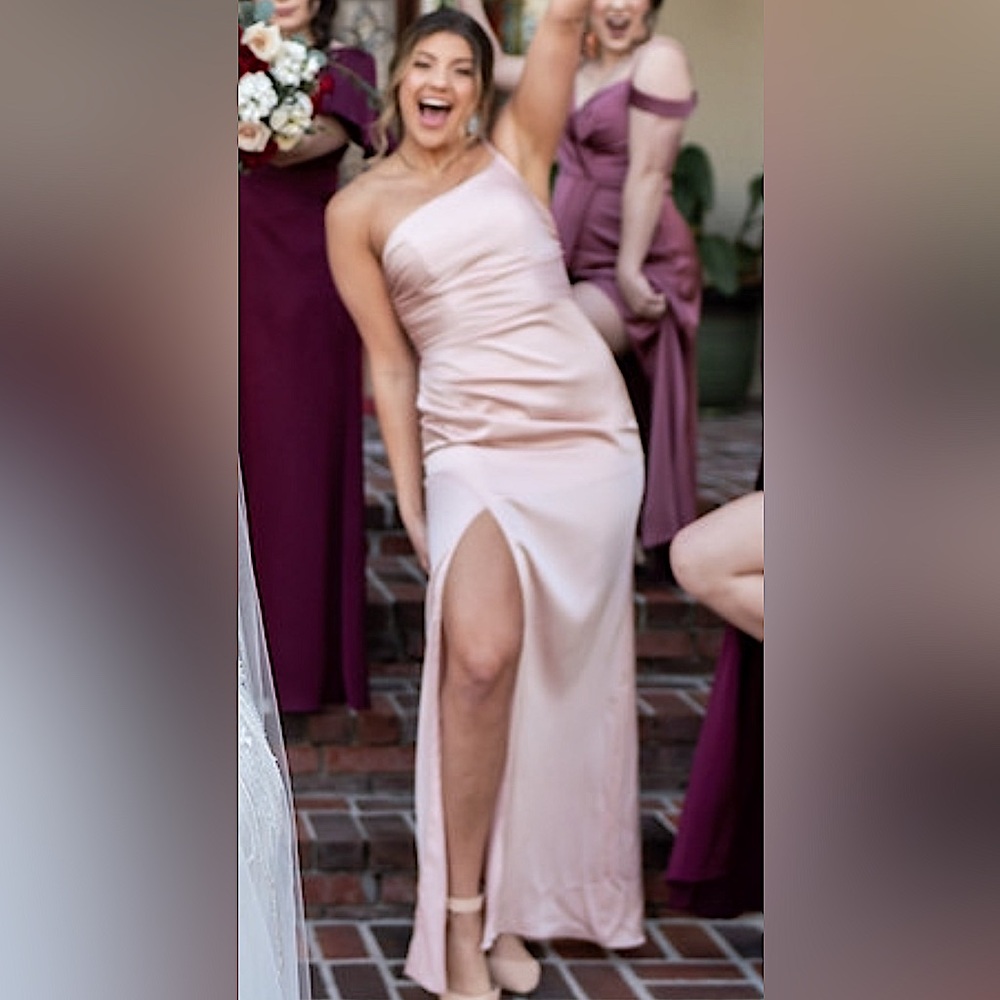 Beautiful Azazie Rose Gold Formal/Bridesmaid Dress with high slit - Size 8